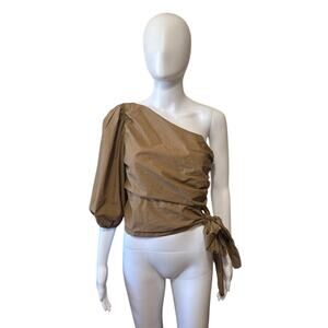 Olivaceous One Shoulder Puff Sleeve Top Womens Medium Brown Tie Waist Blouse